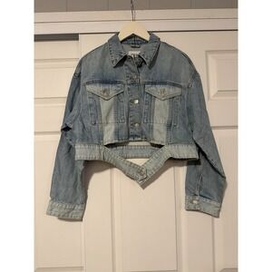Zara Denim Jeans Jacket Cropped Blue Color Block